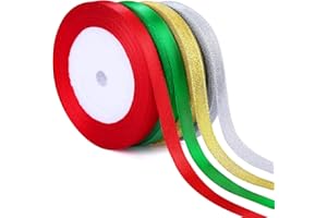IEFOAH 100 Yards Christmas Ribbons,3/8 Inch Gold Silver Glitter Ribbon for Gift Wrapping Red and Green Satin Ribbon for Christmas DIY Crafts Decoration 4 Rolls