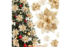 WONICE Poinsettia Christmas Flowers Decoration -12Pcs Artificial Red Gold Poinsettia Christmas Tree Ornaments Glittery for Xmas New Year Wedding Party Wreath DIY Garland Decor (Gold)