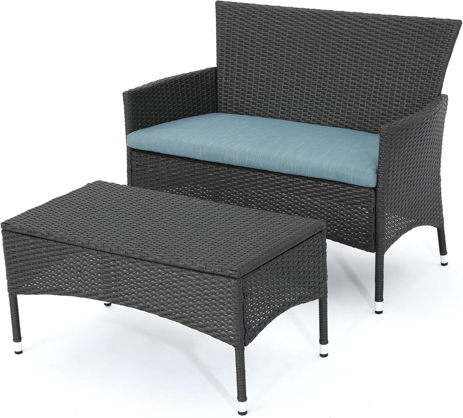 Christopher Knight Home Malta Outdoor Wicker Loveseat and Coffee Table Set with Water Resistant Cushions, Grey / Teal Cushion