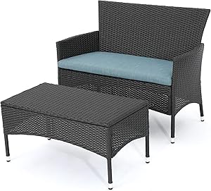 Christopher Knight Home Malta Outdoor Wicker Loveseat and Coffee Table Set with Water Resistant Cushions, Grey / Teal Cushion