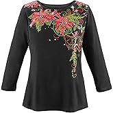 Collections Etc Poinsettia Sequin Sparkling Christmas Top with 3/4 Sleeves and Scoop Neckline