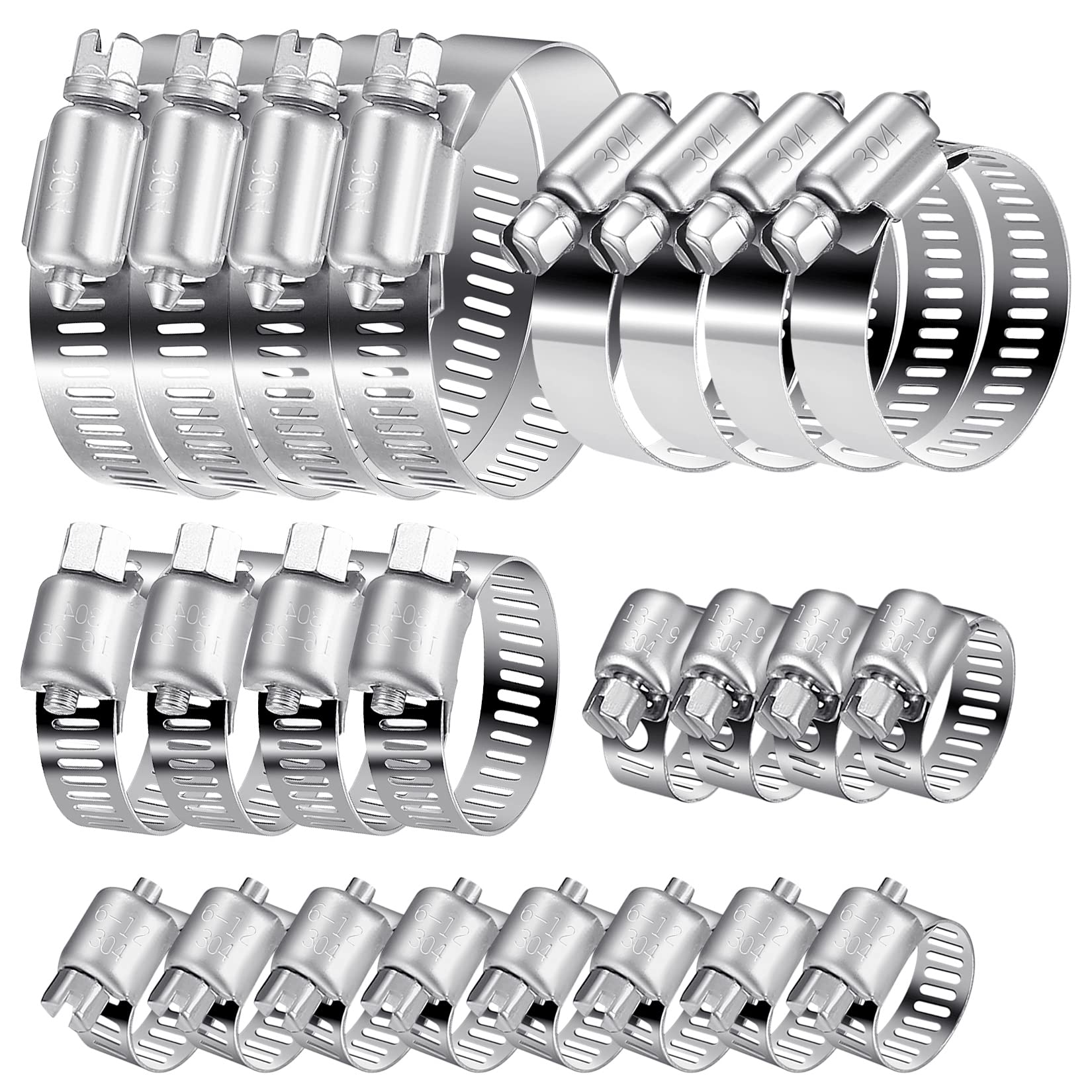 20 Pcs Hose Clips, Adjustable 6-51mm Hose Clamps, 304 Stainless Steel Pipe Clamps, Jubileeclips Assorted Set for Garden, Pool, Pipe Tube, 6-12/13-19/16-25/21-38/27-51mm