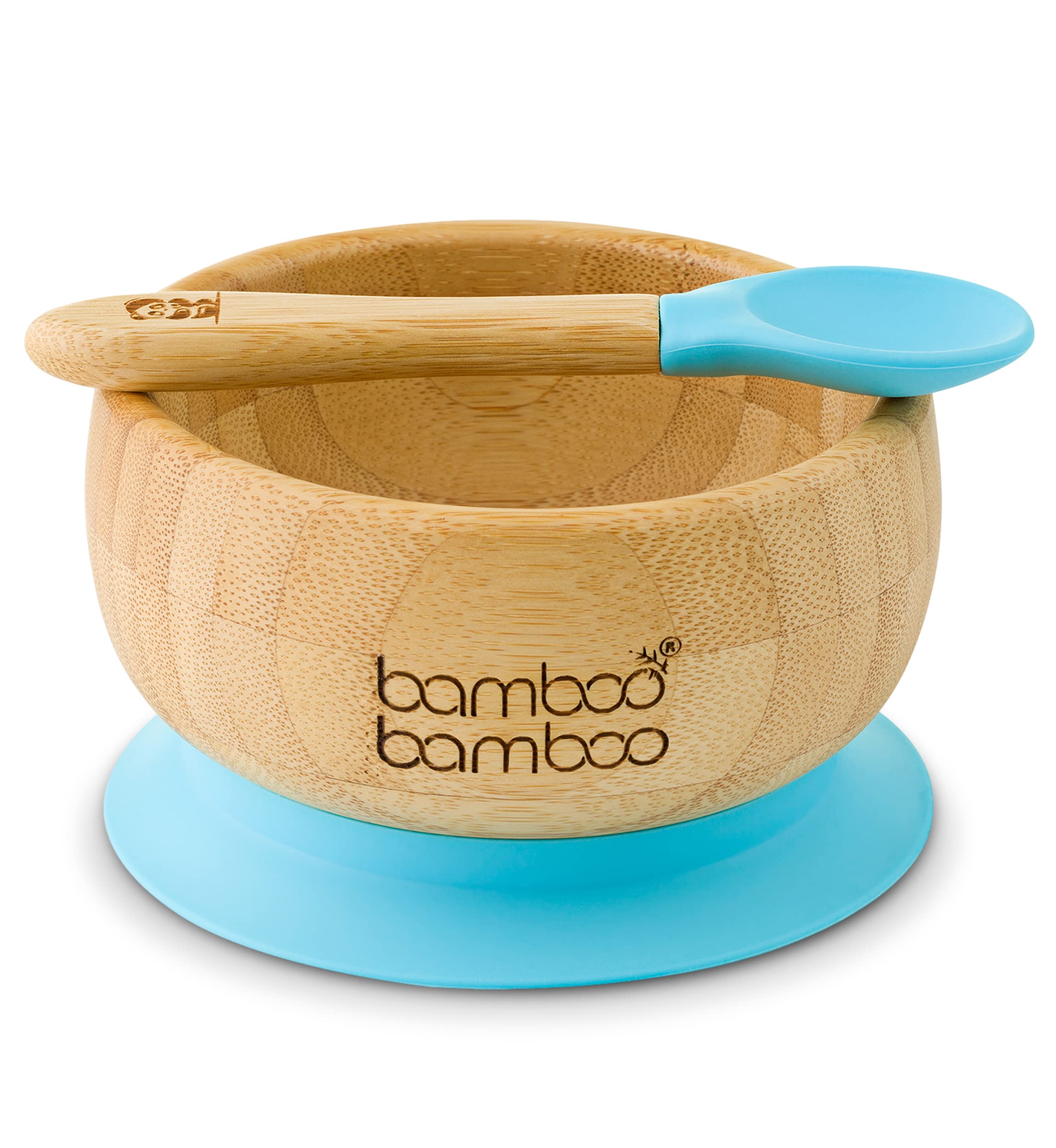 Bamboo Baby Bowl and Spoon Set - Suction Bowl with Silicone Ring, Toddler Bowls for Weaning, 6+ Months (Blue)