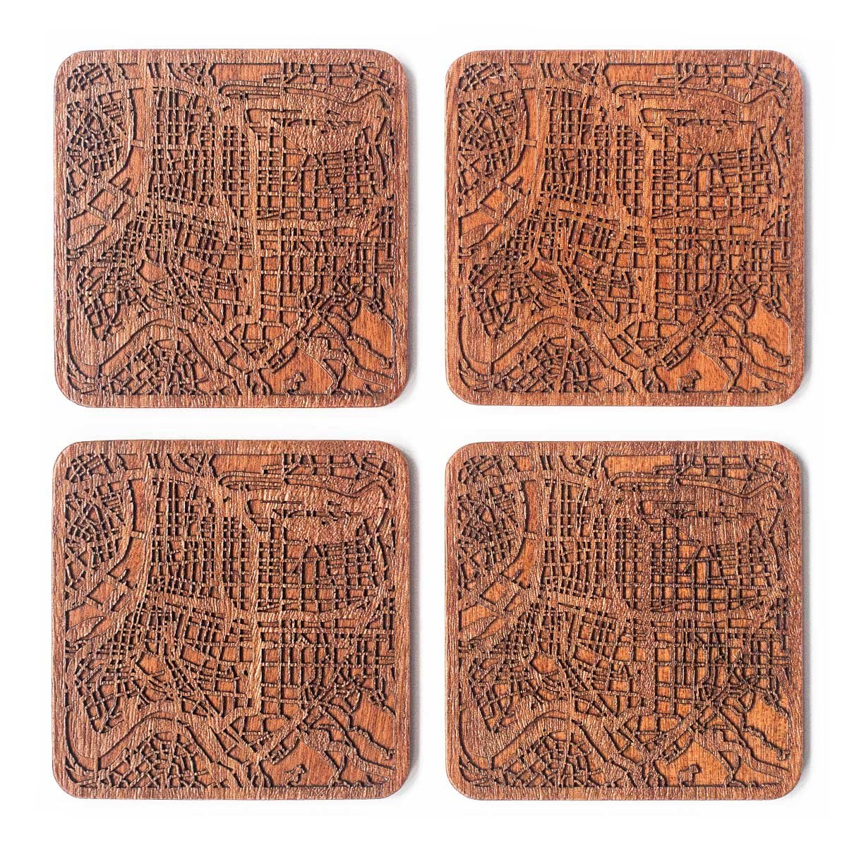 Taipei Map Coaster by O3 Design Studio, Set of 4, Sapele Wooden Coaster with City map, Multiple City Optional, Handmade
