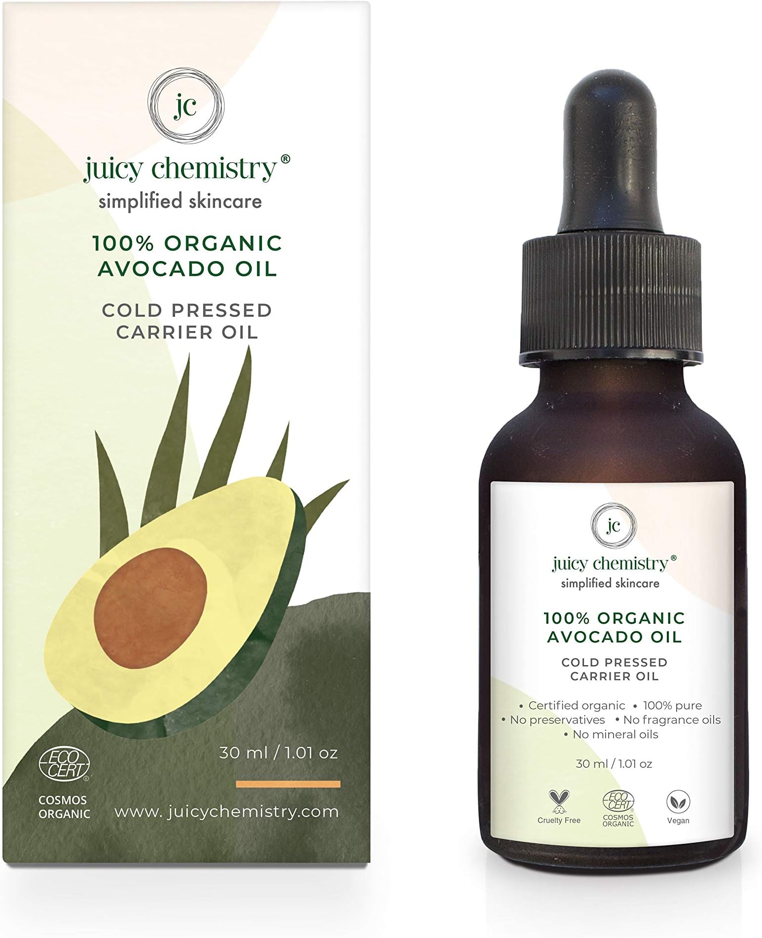 Juicy Chemistry Certified Organic Avocado Oil, 30ml, Cold Pressed Oil for Glowing Face and Healthy Shiny Hair Growth, Body Oil for Women and Men (Anti Fungal and Anti Bacterial)