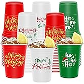 Whaline 48Pcs Christmas Plastic Cups 16oz Merry Xmas Theme Red Green White Disposable Cups Decorative Holiday Party Cups for Hot Cold Drinks Coffee Juice Beer Candy Snacks