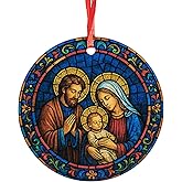 Holy Family Stained-Glass Style Acrylic Ornament - Traditional Catholic Church & Christian Christmas Decor - Nativity Scene Religious Decorative Hanging Ornaments for Tree