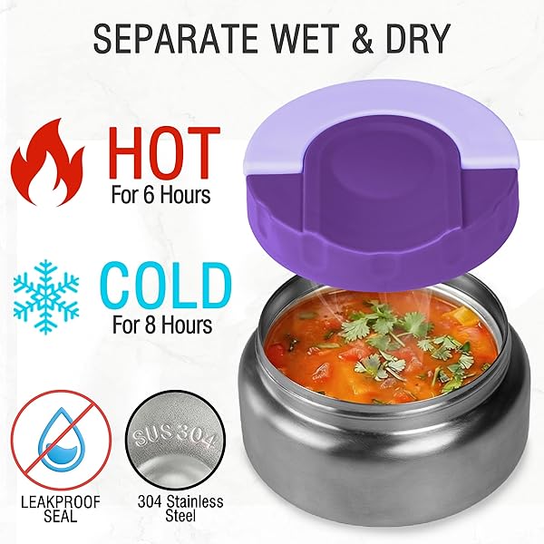 TINYPALSA BENTO BOX FOR KIDS WITH 10OZ INSULATED FOOD JAR, LEAK-PROOF KIDS LUNCH BOX WITH THERMAL FOOD CONTAINER, 3 COMPARTMENTS, PORTABLE HANDLE, DISHWASHER SAFE, IDEAL FOR SCHOOL & TRAVEL (PURPLE)
