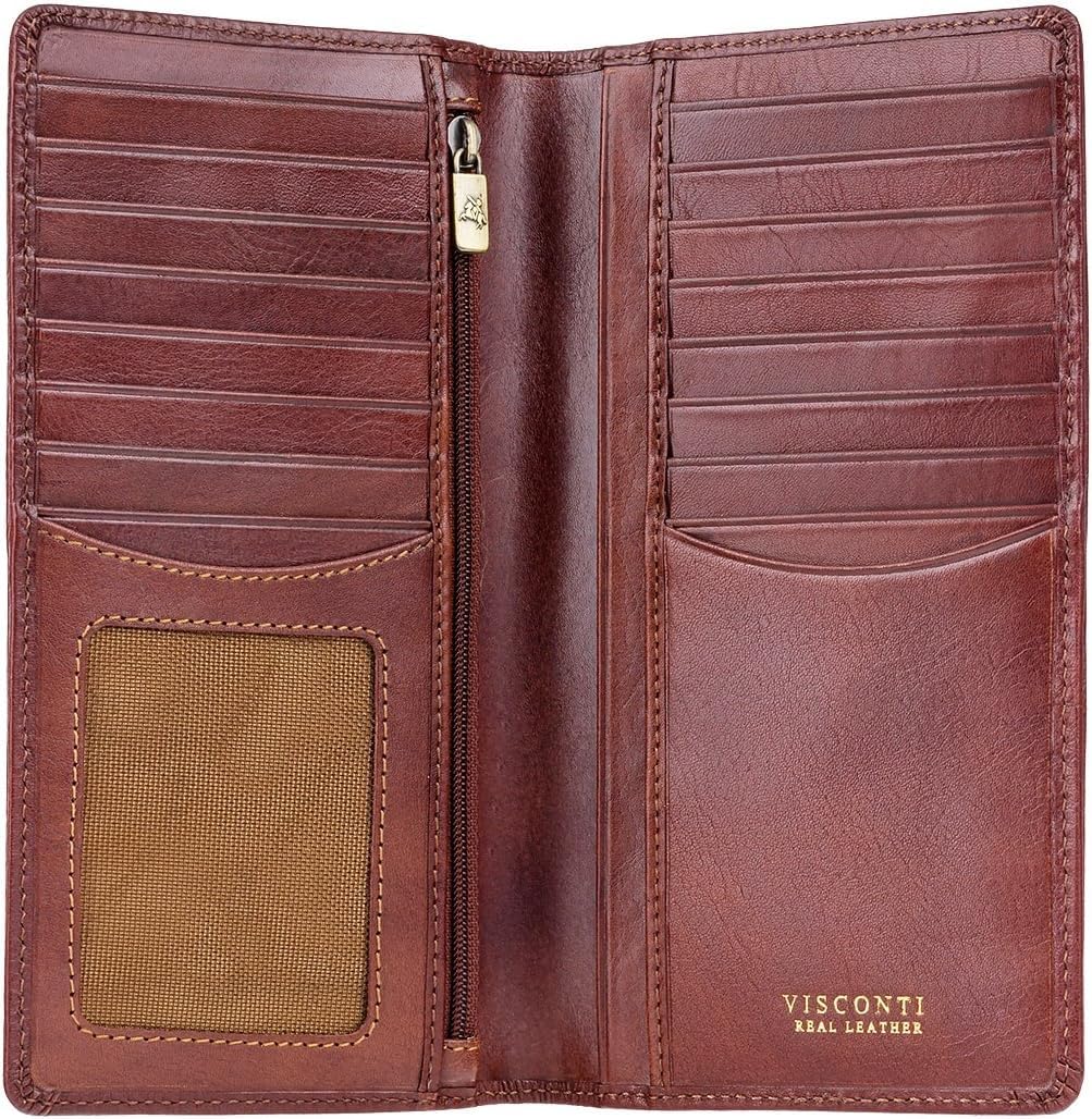 VISCONTI - Men’s Tan - Veg Leather Wallet – RFID Protection for Credit Cards, Notes & ID – 16 Card Slots, 4 Note Sections, 2 Zipped Pockets, ID Window – with Signature Logo