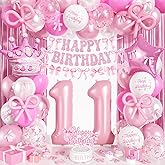 Pink Bow 11th Birthday Decorations for Girls, Coquette Party Decor Include 40 Inch Number 11 Crown Star Balloon Double Stuffed Pastel Balloon Pink Bows Cake Topper Happy Birthday Banner Fringe Curtain