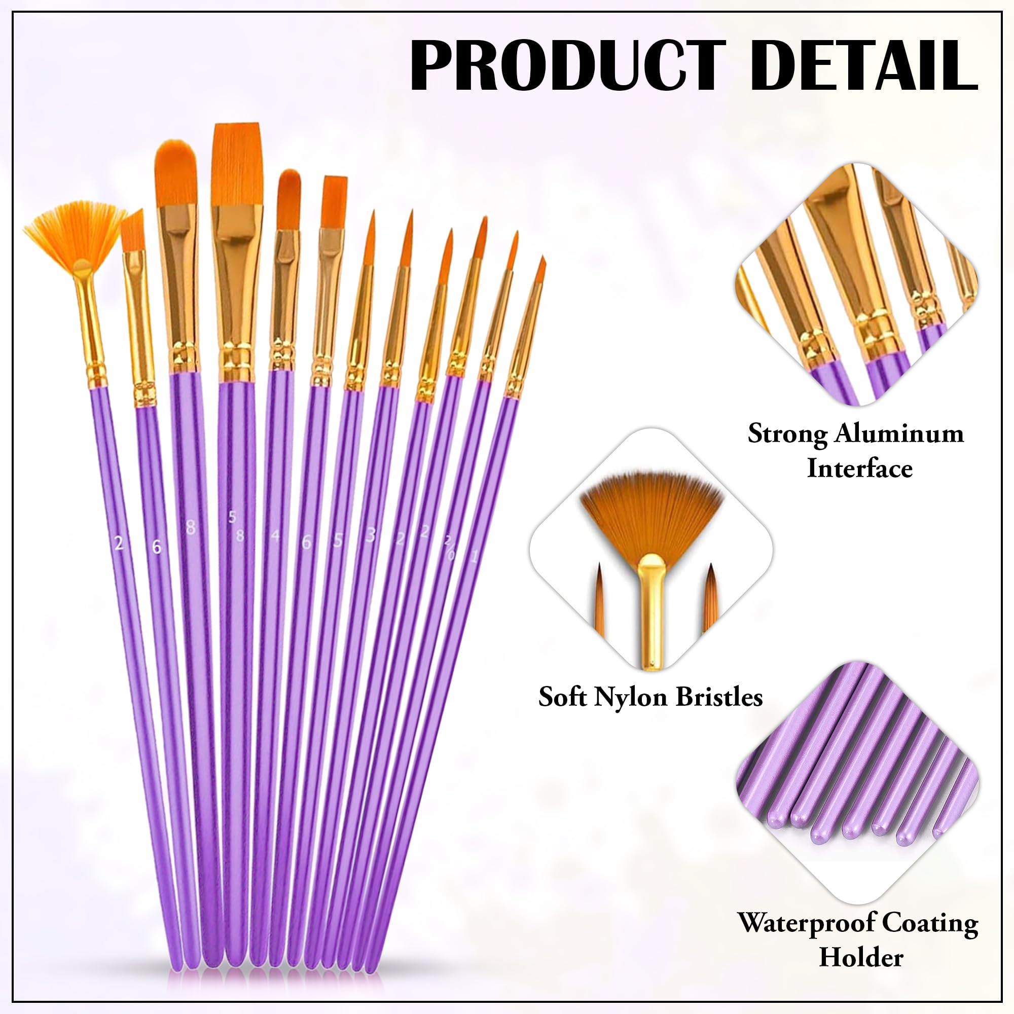 GLUN® Premium Paint Brushes 12 Different Professional Drawing Paint Brush Set Purple Colour, Wide to Fine Tip, Nylon Hair Artist Paintbrushes 4