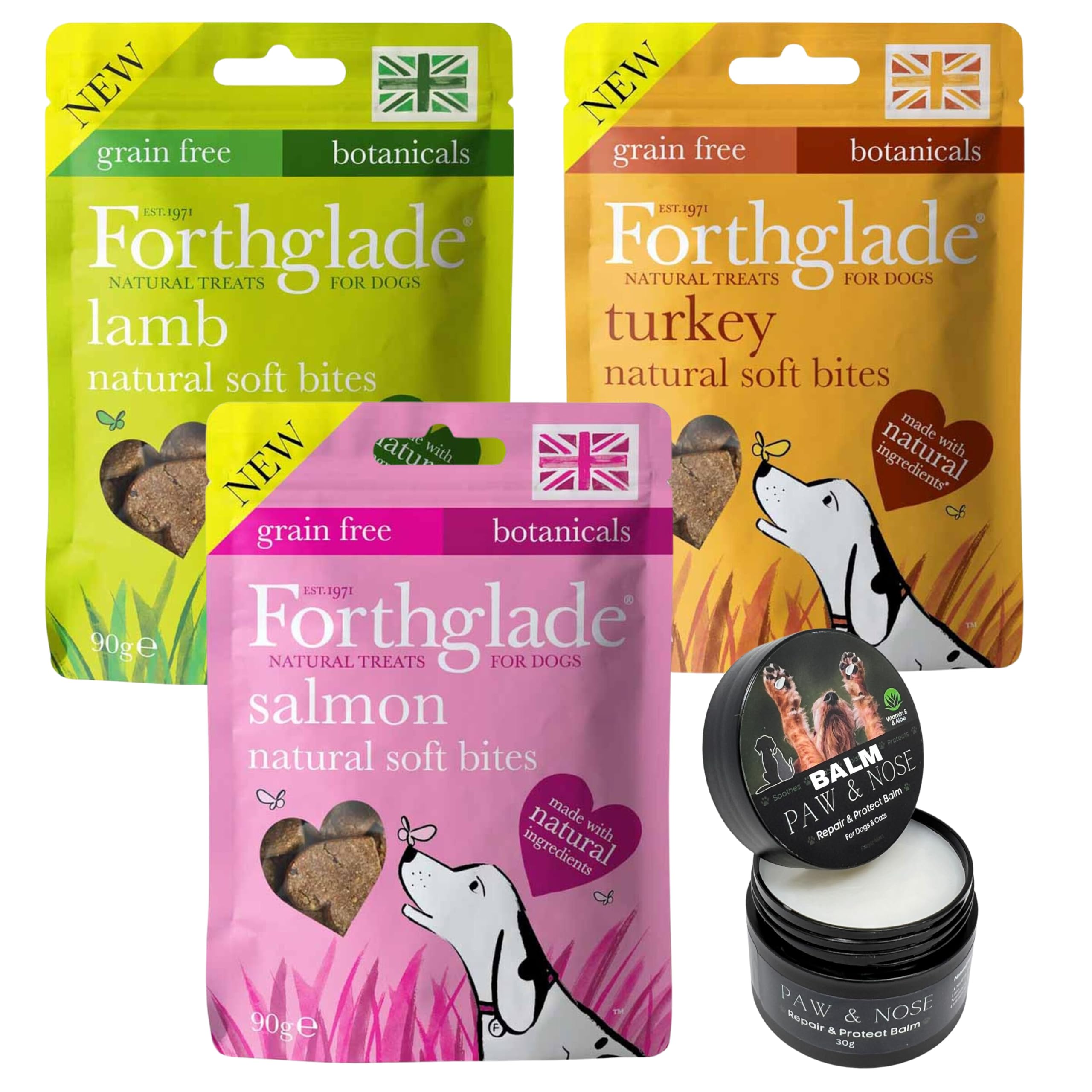 Grain Free Dog Treats bundle includes Soft Bites Lamb, Salmon, Turkey 90g x3, Nose and Paw Balm
