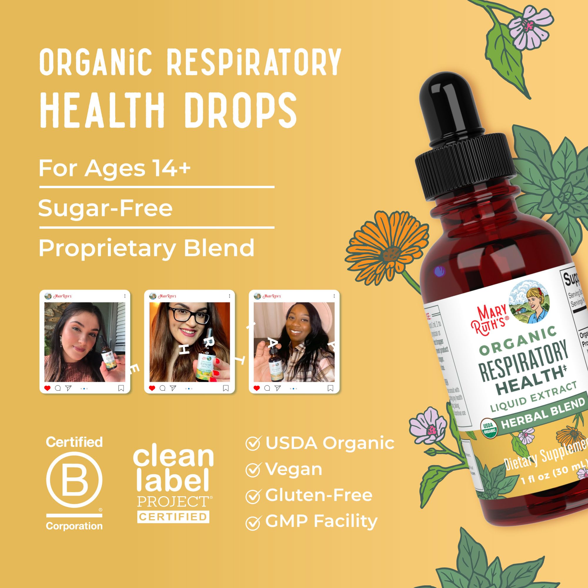 MaryRuth Organics USDA Organic Respiratory Health Liquid Drops with Mullein Leaf | Marshmallow Root & Elderberry | Mullein Drops for Lungs Herbal Blend | Immune Support Supplement | Vegan | 1 Fl Oz
