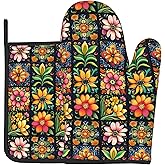 Mexican Oven Mitts and Pot Holders - Colorful Flowers Kitchen Mitt Sets of 2 Boho Oven Gloves Hot Pads for Cooking Baking Grilling
