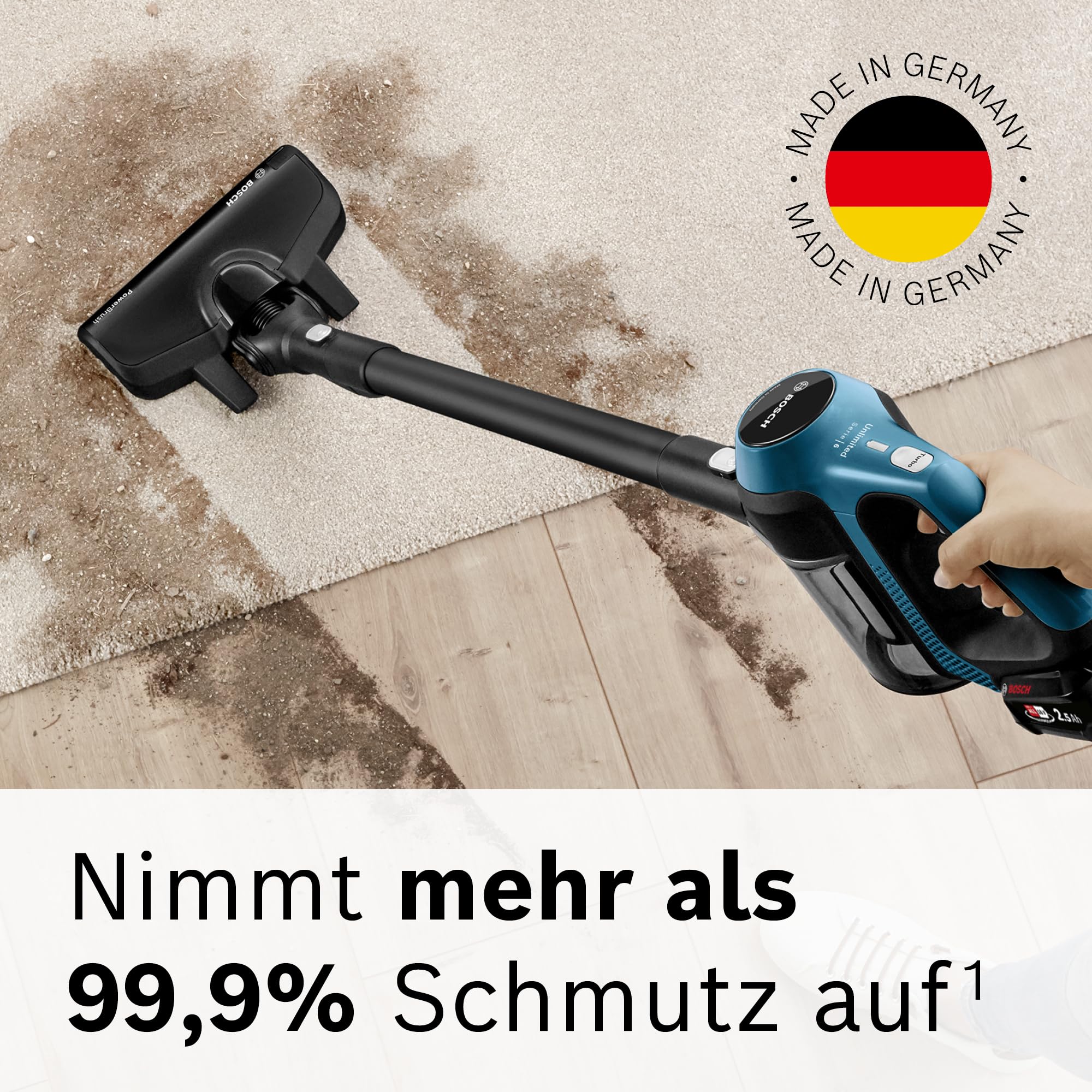 Bosch Akku-Staubsauger Unlimited 6 BKS6111P, kabelloser Handstaubsauger, beutellos, leicht, Hygiene-Filter, 10 Jahre Motorgarantie, hohe Saugleistung, Lange Laufzeit, alle Bodenarten, blau 3