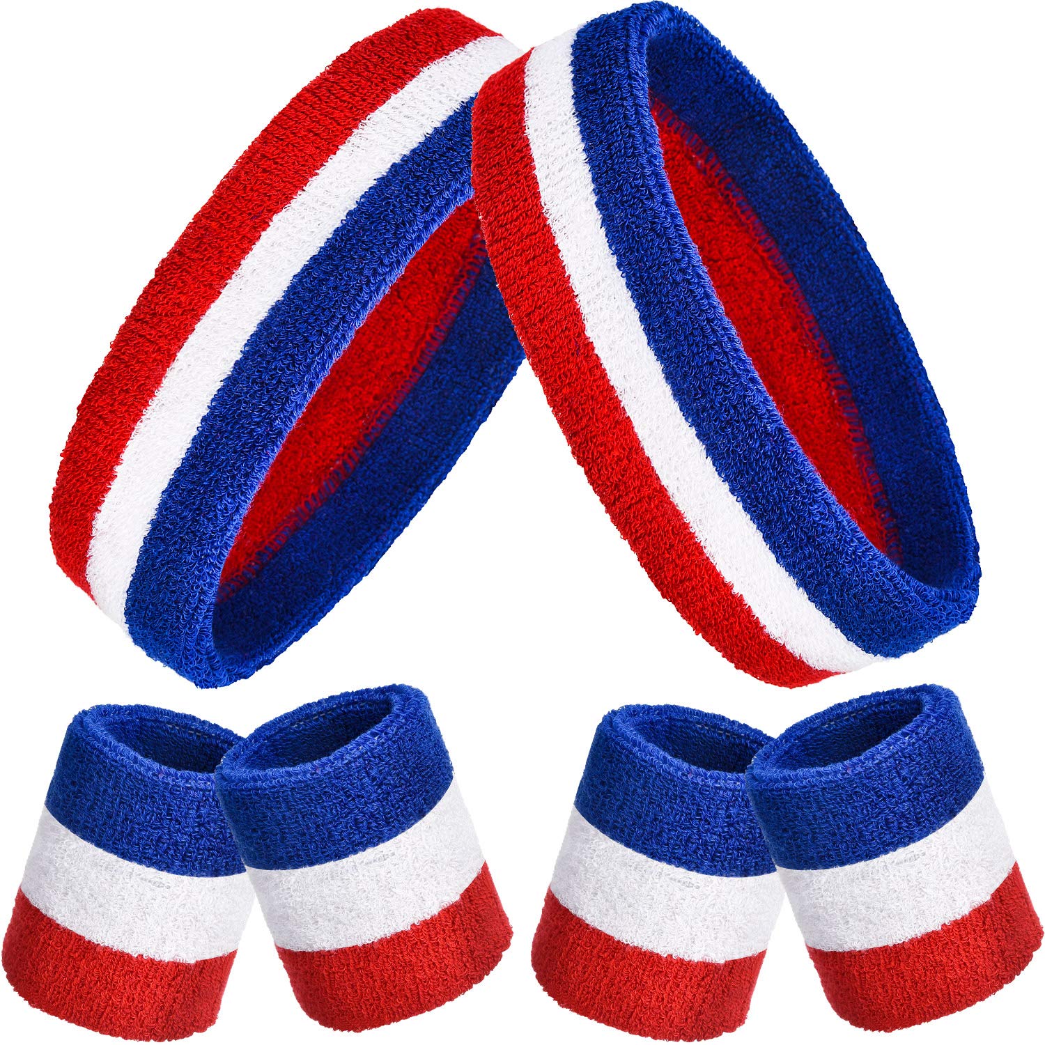 15 Pieces Striped Sweatbands, Includes 5 Pieces Sports Striped Headband and 10 Pcs Wristbands Sweatbands Colorful Striped Sweatband for Labor Day Men and Women