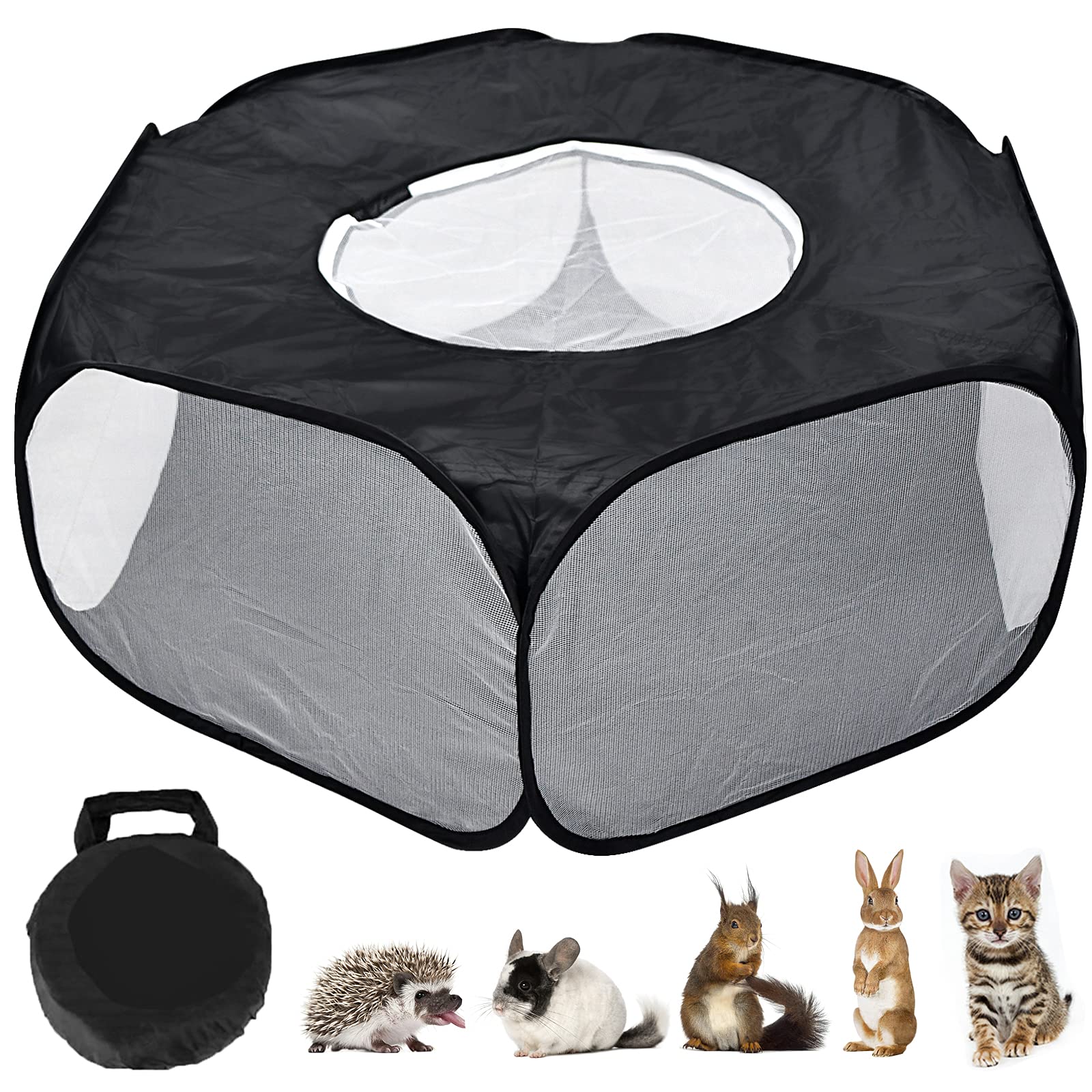 Small Animal Playpen, Hamster Guinea Pig playpen, Breathable Pet Playpen Portable Reptiles Cage Foldable Pop-Up Exercise Fence Outdoor Indoor Pet Tent for Rabbits, Chinchillas Hedgehogs (Black)