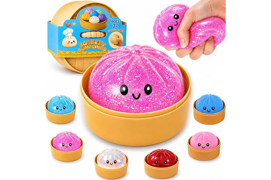 Dumpling Squishies, Glitter Dumpling Mystery Box, Fidget Sensory Toy for Adults,Colorful Dumplings Stress Balls with Food Steamer,Stretchy Desk Toys (Glitter Pink)