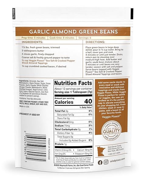 SALAD PIZAZZ SLICED ALMONDS, SEA SALT CRACKED PEPPER, NON-GMO, ALL-NATURAL, KOSHER SALAD TOPPER, RESEALABLE BAG, 3.25 OUNCE