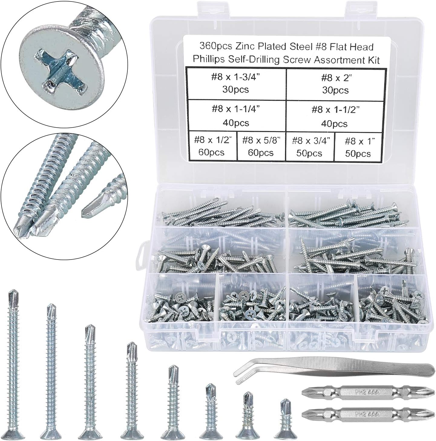 FandWay 360Pcs Self Tapping Screws for Metal,M4.2 Self Drilling Screws for Steel,Countersunk Head Tek Screw