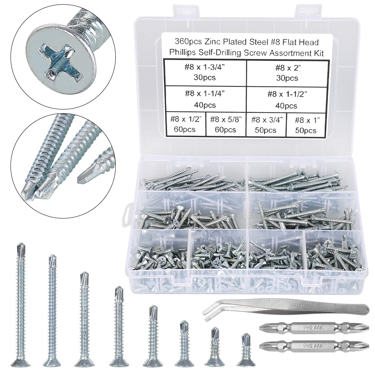 FandWay 360Pcs Self Tapping Screws for Metal,M4.2 Self Drilling Screws for Steel,Countersunk Head Tek Screw, Flat Head Sheet Metal Screw Galvanized for MetalWork Aluminum Wood Plastics. — image 1