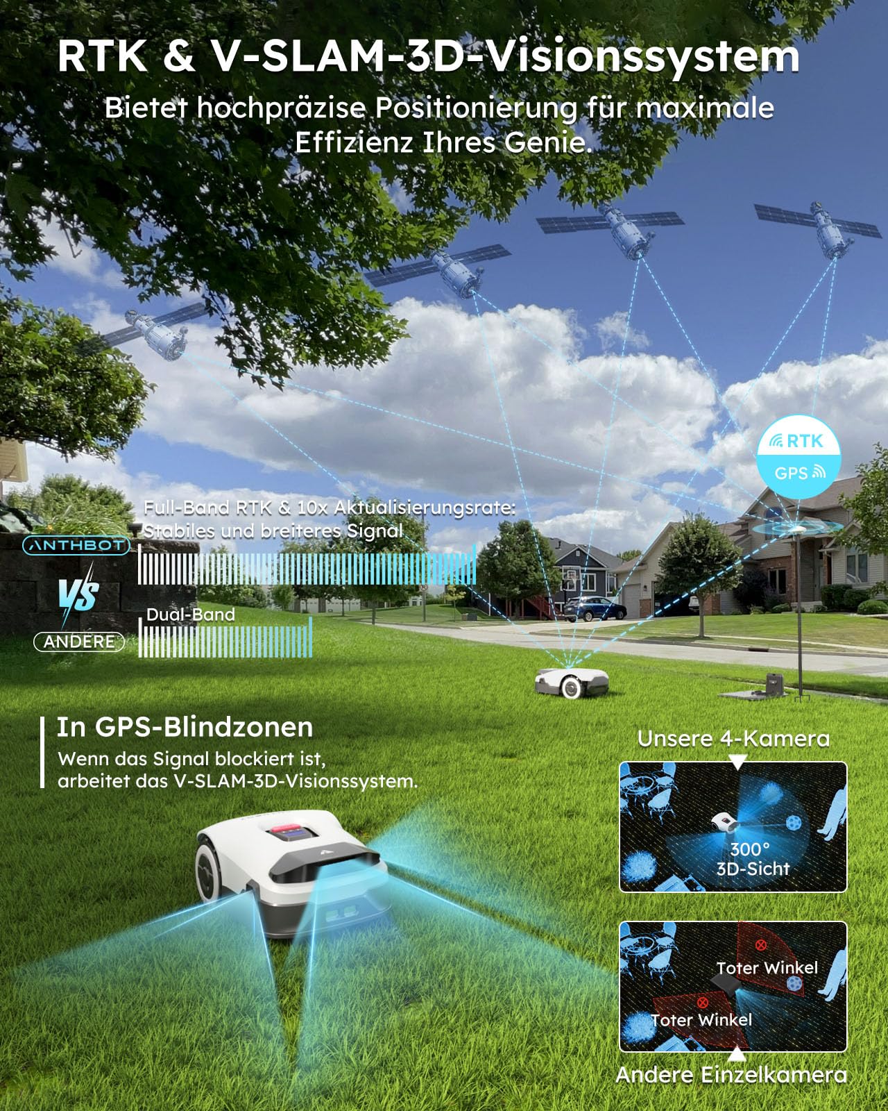 ANTHBOT KI Drahtloser Mähroboter ohne Begrenzungskabel Max. 900m², Full Frequenzband RTK+4-Kamera-Vision Rasenmäher Roboter ohne Kabel, Mehrzonen-Management, Hindernisvermeidung Rasenroboter -Genie600