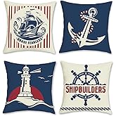 COZZSNUGE Summer Nautical Throw Pillow Covers, Boat Anchor Helm Lighthouse Red Navy Blue Decorative Pillowcases for Sofa Bed Home Outdoor Set of 4, 18 x 18 Inches