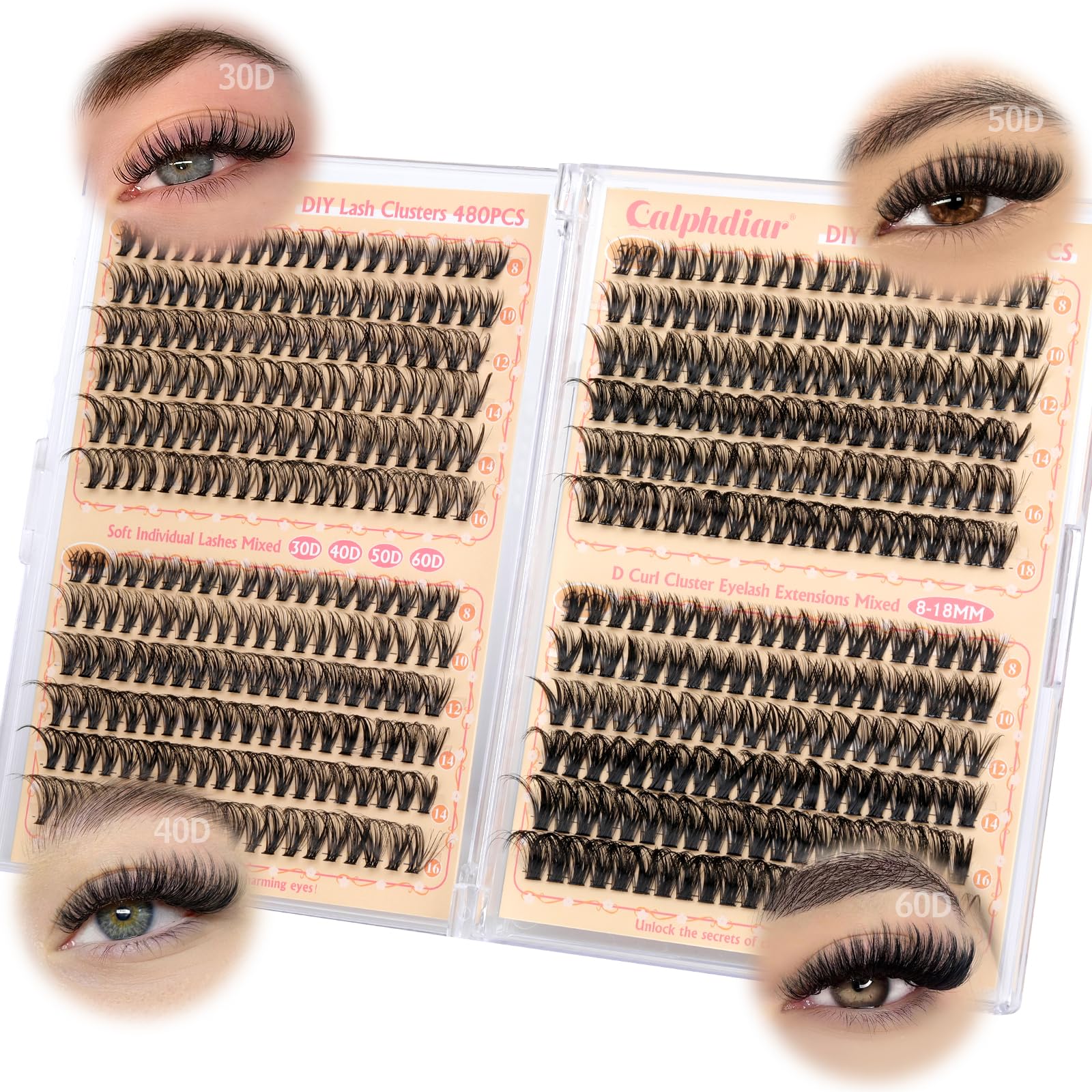 calphdiar Cluster Lashes 30D+40D+50D+60D Individual Eyelashes 480PCS Wispy Lashes Individual Cluster D Curl Eyelash Extensions 8-18MM Natural Volume Eyelash Clusters DIY Lash Extension for Beginners — image 1