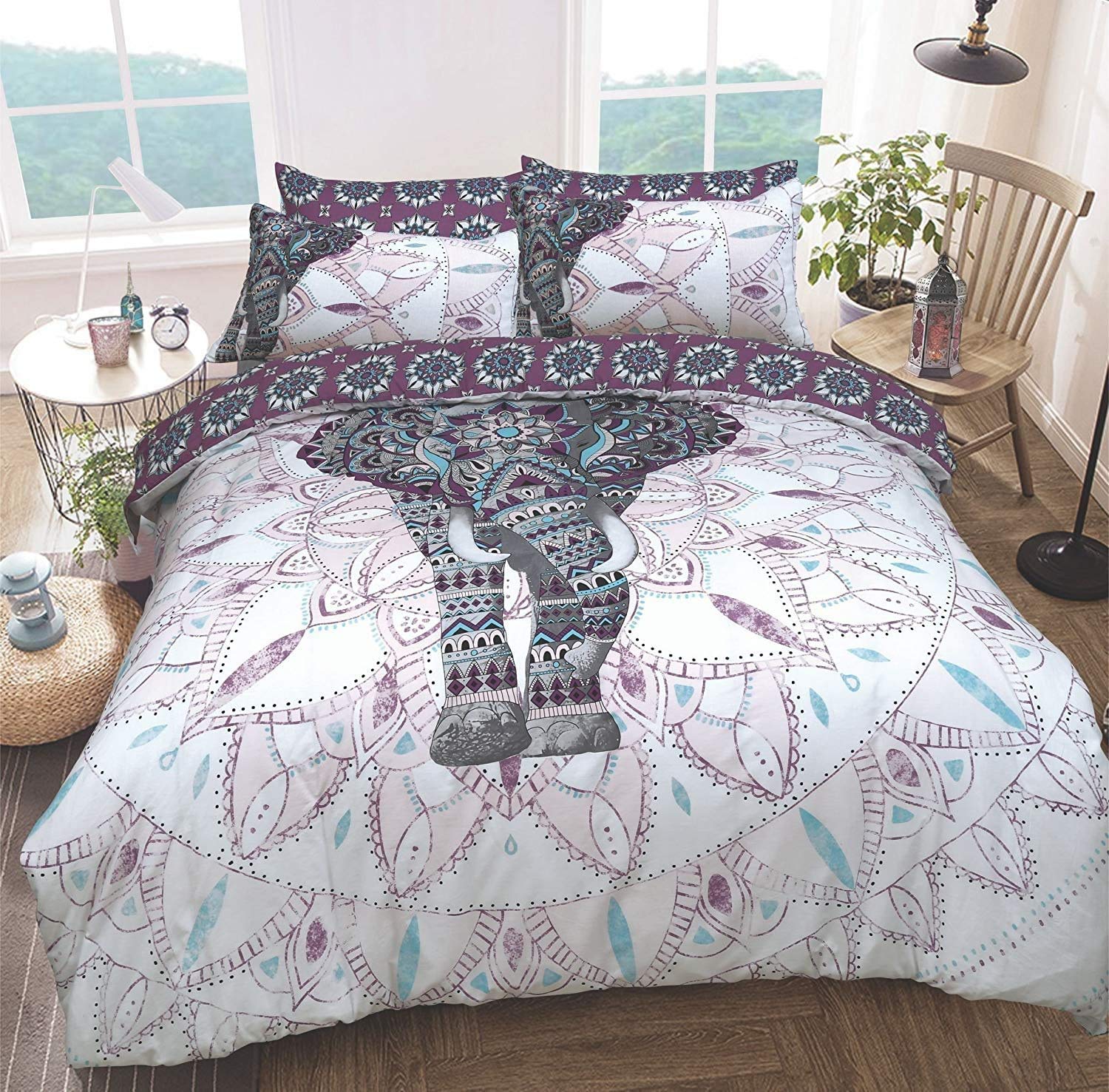 Sleepdown Elephant Mandala Bed Reversible Quilt Duvet Cover Set Easy Care Anti-Allergic Soft and Smooth with Pillow Cases, Polycotton, Purple, Super King