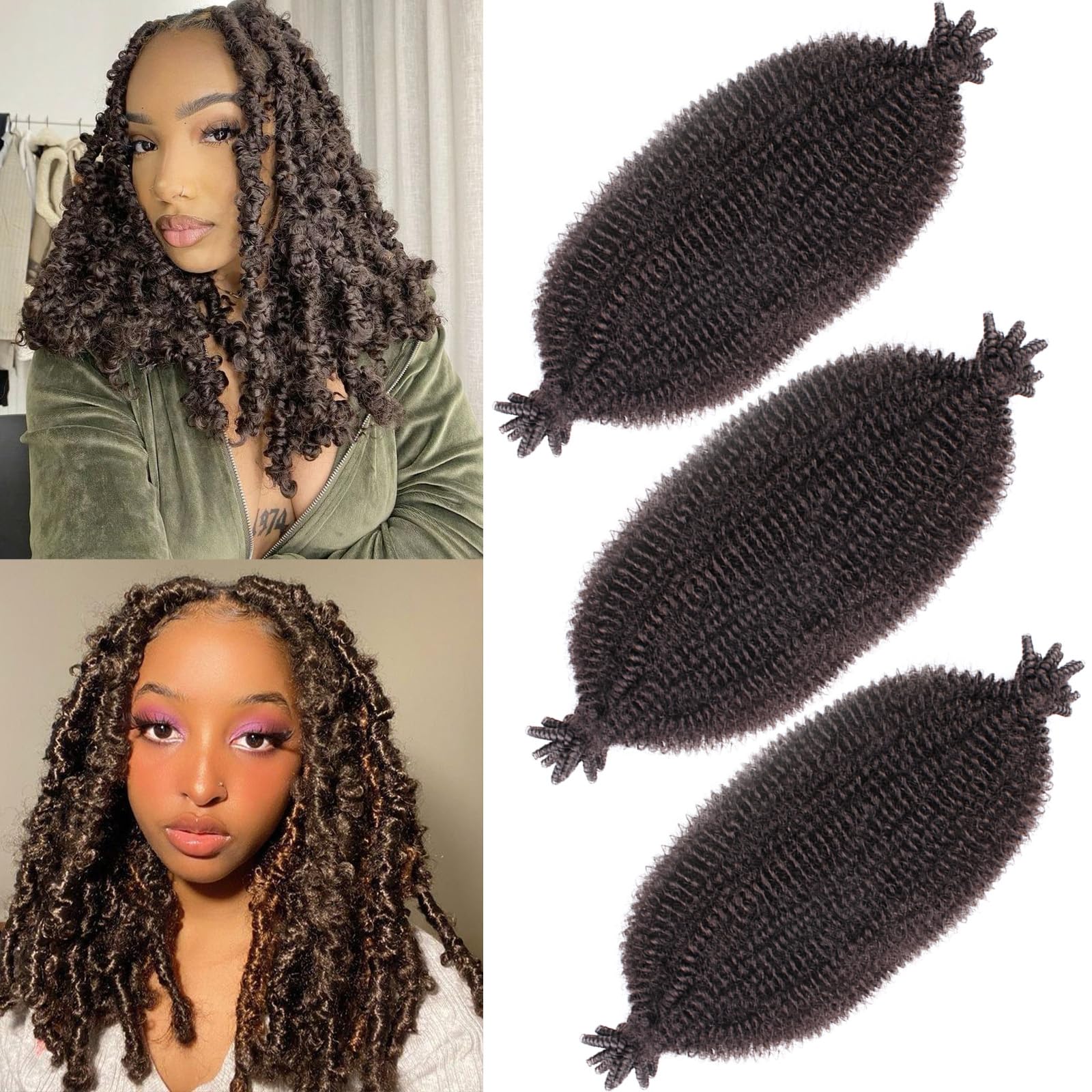 Photo 1 of 3 Packs Soft Pre-fluffed Springy Afro Twist Hair 16 Inch Short Spring Twist Hair For Distressed Soft Locs Natural Black Marley Twist Braiding Hair Synthetic Hair Extension For Women(16 Inch 3Pcs,4#)