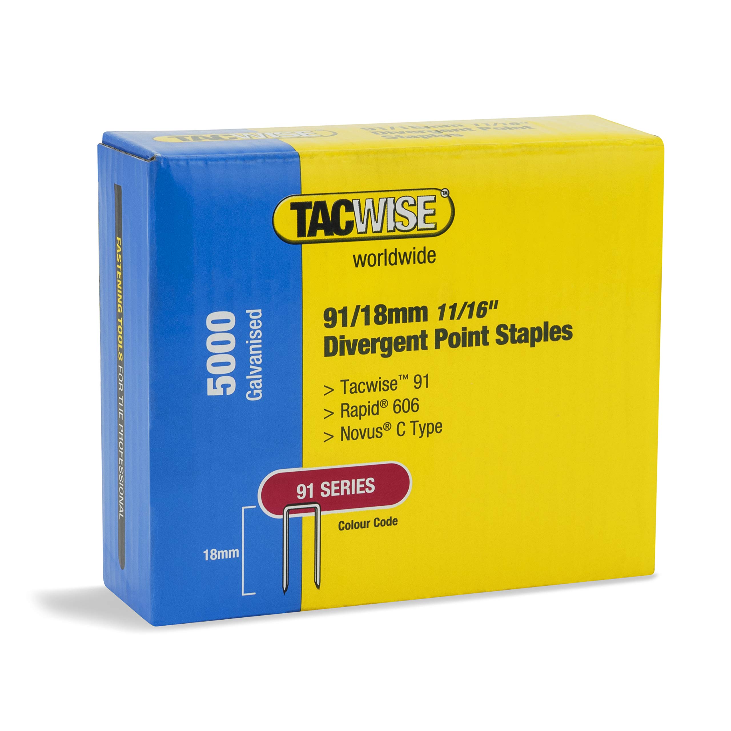 Tacwise 1616 Type 91/18 mm Galvanised, Divergent Point Narrow Crown Staples, Pack of 5,000