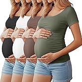 Huukeay 4 Pack Women's Maternity Shirts Scoop Neck Maternity Top Short Sleeve Casual Tee Side Ruched Pregnancy Clothes