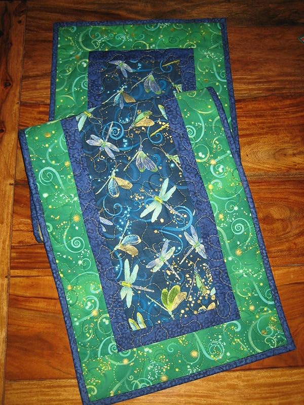 Dragonfly Quilted Table Runner, Blue Green Swirl, 13x48 in, Coffee Table Living Room
