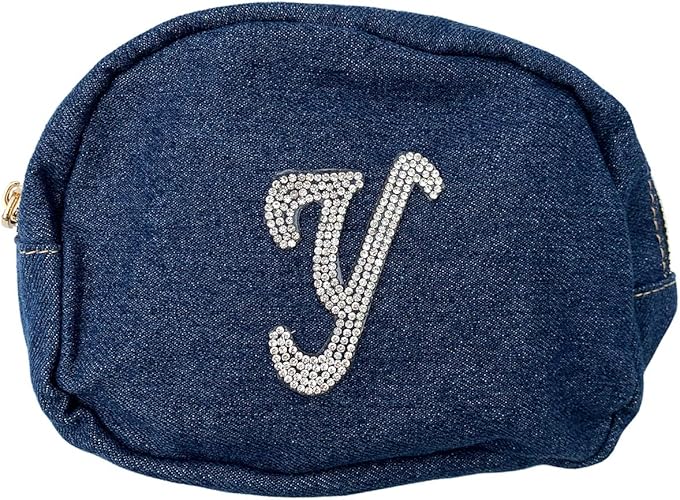 Amazon Co Jp デニム ポーチ イニシャル コスメポーチ きらきらストーン 化粧ポーチ 小物入れ デニムポーチ 名入れ バッグインバッグ メイクポーチ トラベルポーチ ポーチ インディゴブルー イニシャル Y ジュエリー