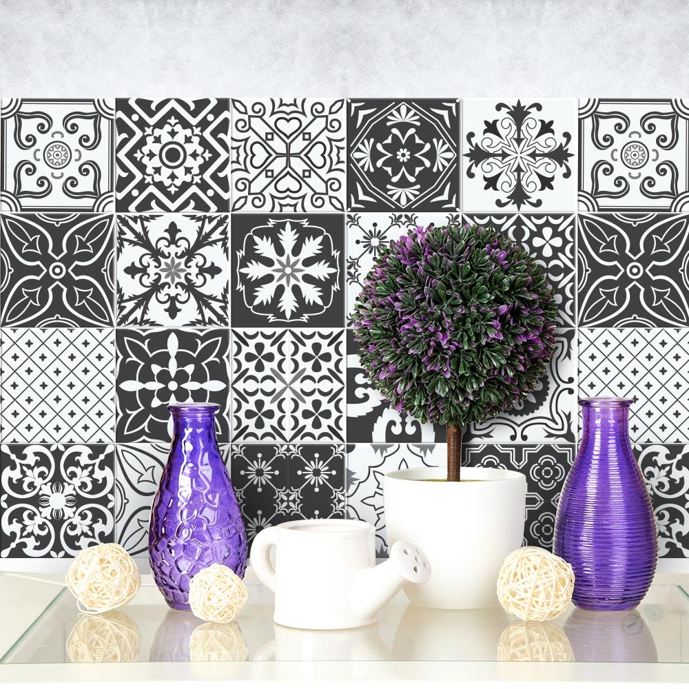 RE-COVERTILES - Tile Stickers for Bathroom and Kitchen 24 Pcs 10x10 cm - PS00008 Wall Decoration in Waterproof PVC Mosaic Tiles Style Azulejos Cement Tiles