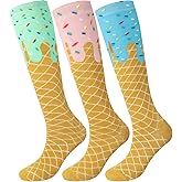 Shyyween 3 Pairs Ice Cream Drip Knee High Socks for Women Girls Funny Crazy Ice Cream Baseball Socks for Party Gifts