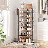 HOOBRO Tall Narrow Wooden Shoe Rack 8-Tier with 2 Hooks Rustic Brown view 3
