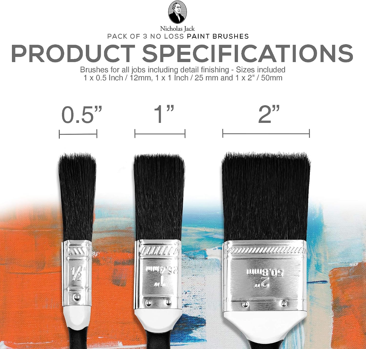 Paint Brush Set with No Bristle Loss Pack of Paint Brushes for DIY Wood Gloss Wall Furniture Indoor & Outdoor Painting - Free Decorating Guide (Set of 3 Paint Brushes) - Image 3