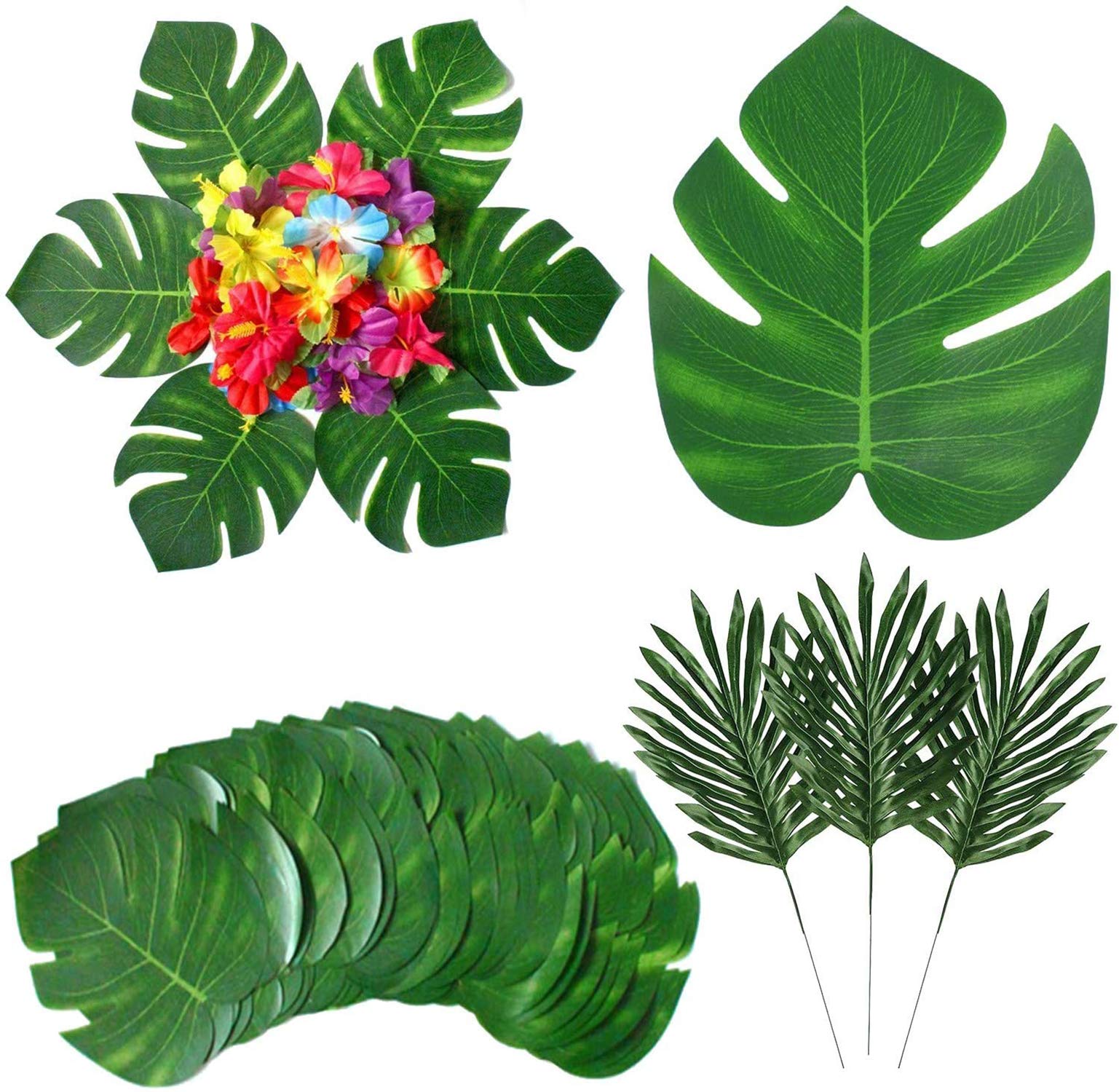 Hawaiian Safari Party Decoration Artificial Tropical Luau Plant Palm Leaves Hibiscus Flower Simulation Monstera Leaves Hawaii Luau Jungle Beach BBQ Birthday Themed Party Table Decor Accessories, 60pcs