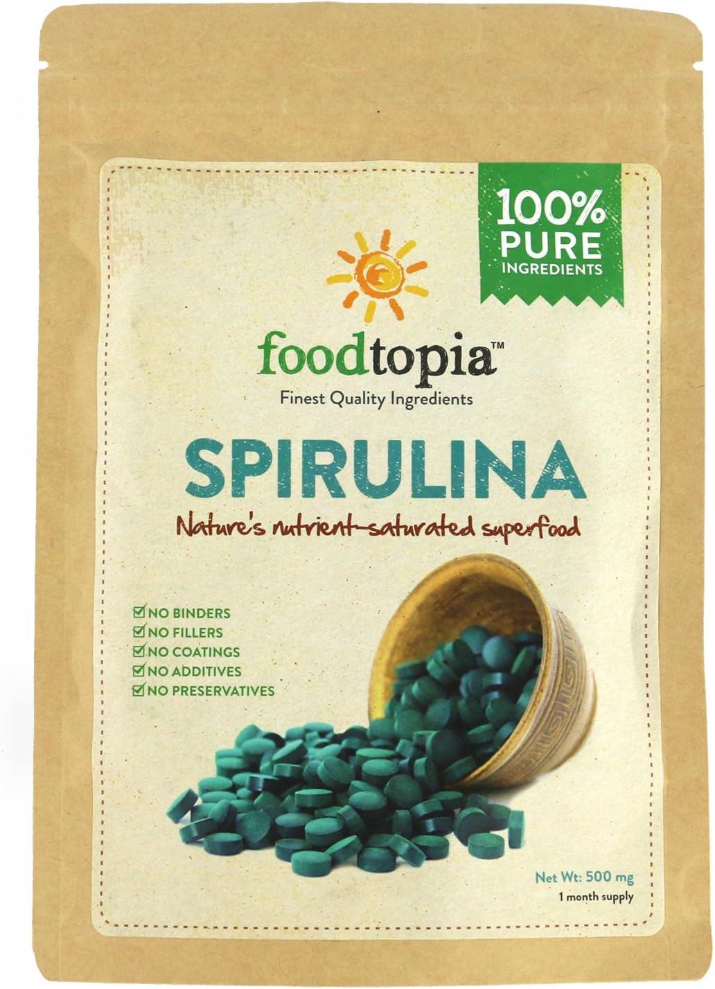 Organic Spirulina 500mg (180 Tablets) 100 Raw, NonGMO, Pure, Sun
