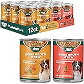 Jinx Bone Broth Stew for Dogs, Variety Pack - Chicken & Salmon Recipes - Grain-Free Wet Dog Food & Topper for Picky Eaters - Promotes Lean Muscle Growth, Healthy Coat & Digestion - 13 Oz, 12 Pack