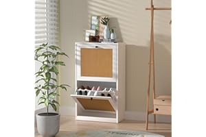 Anmytek Rattan Shoe Cabinet, Entryway Cabinet Wooden Shoe Rack with 2 Flip Drawers, 2-Tier Shoe Storage Cabinet for Entryway Hallway, White S0002