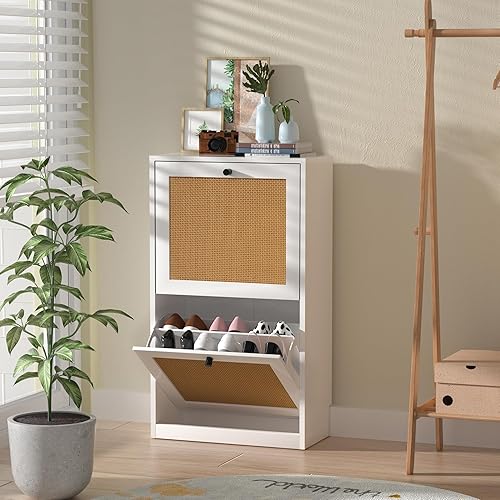 Anmytek Rattan Shoe Cabinet, Entryway Cabinet Wooden Shoe Rack