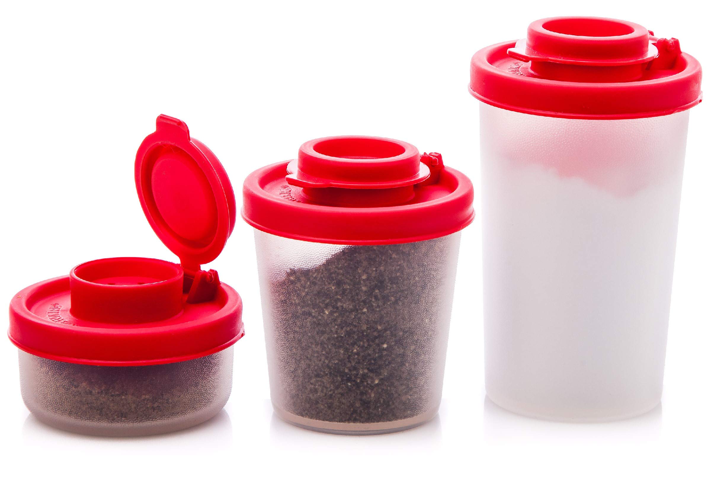 BPA Free Plastic Salt and Pepper Shakers Set Travel Kit Salt Pepper Spices Ideal for Camping, Hiking, Outdoor Cooking, Bivvy, Bushcraft (Set of 3, One of Each Size)