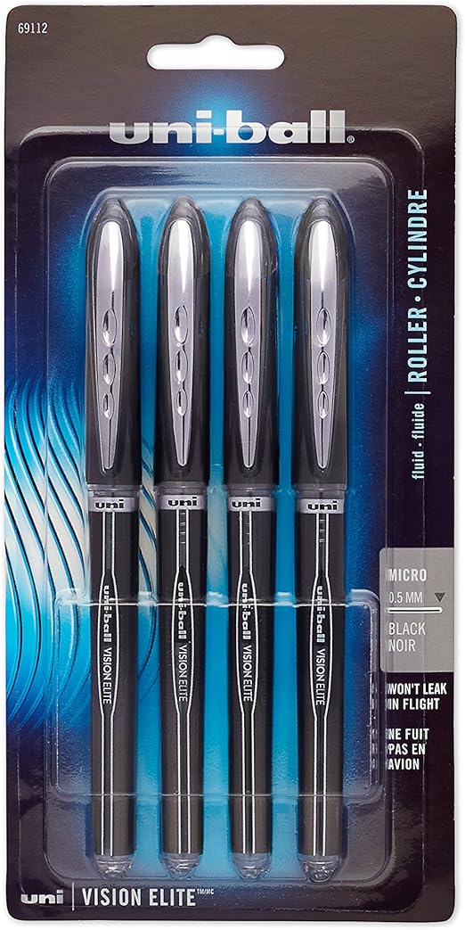 uniball Vision Elite Stick Rollerball Pens, Micro Point, Black, 4