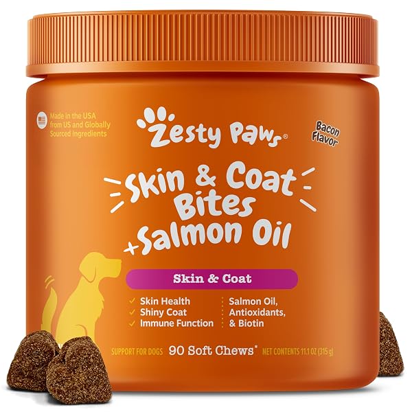 ZESTY PAWS OMEGA 3 FISH OIL FOR DOGS – ZESTY PAW DOG VITAMINS AND SUPPLEMENTS FOR HIP, JOINT & SKIN, BACON (90 CHEWS)