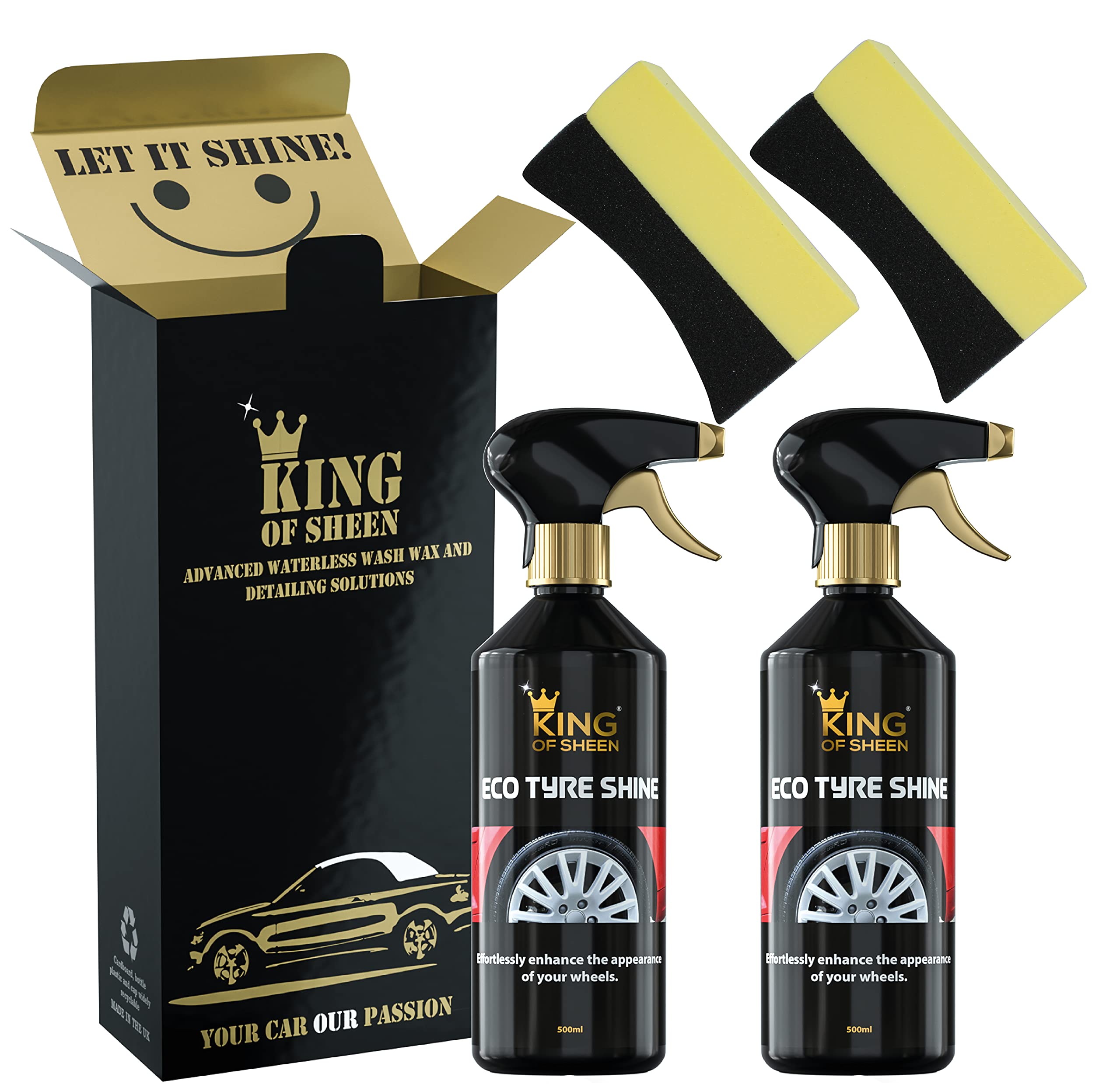 King of Sheen Eco Tyre Shine Twin Pack, 2 x Tyre Black and 2 x Applicator Sponge, Effortlessly Enhance the Appearance of your Wheels. 500ml Bottles