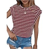 Floerns Women's Casual Stripe Print Cap Sleeve T Shirts Round Neck Tee