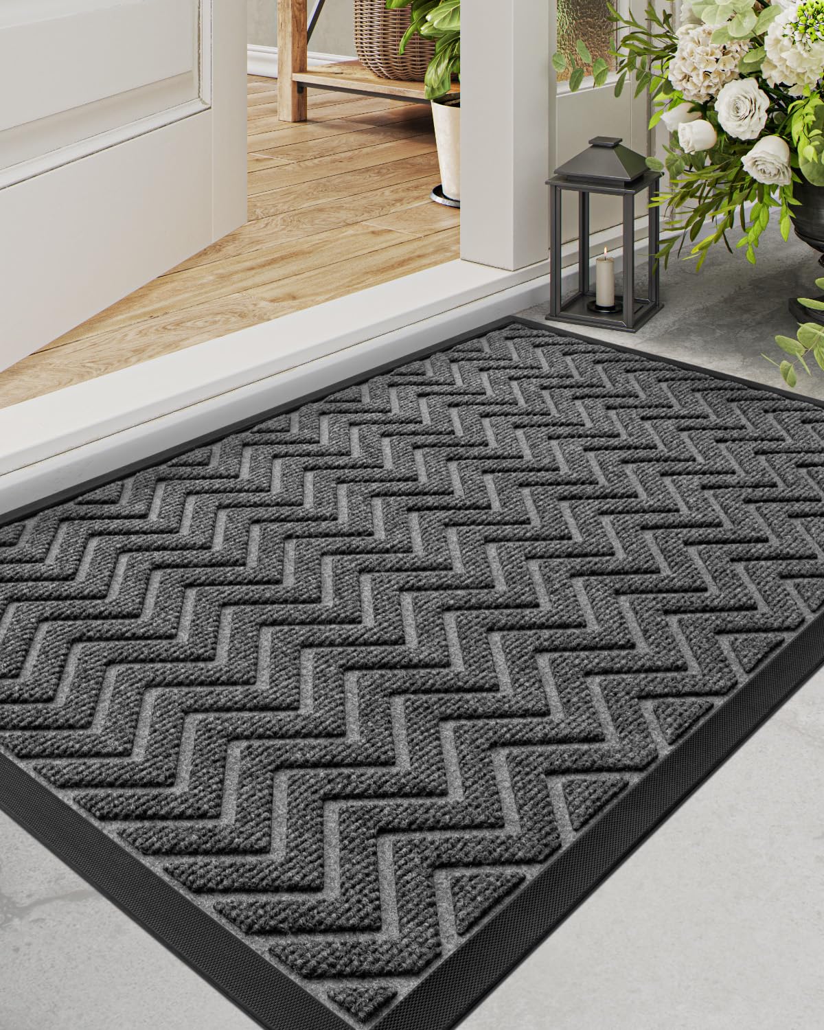 DEXI Front Door Mat Outside Entrance, 2x3 ft Rubber Entry Doormat Heavy Duty, Welcome Mats Non Slip for Inside House Floor Entryway Back Doors Exterior Patio, Chevron Dark Grey