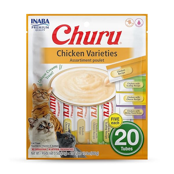 INABA CHURU CAT TREATS, GRAIN-FREE, LICKABLE, SQUEEZABLE CREAMY PURÉE CAT TREAT/TOPPER WITH VITAMIN E & TAURINE, 0.5 OUNCES EACH TUBE, 20 TUBES, CHICKEN VARIETY
